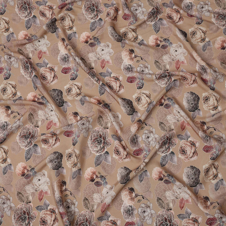 Brown Floral Printed Viscose Crepe Fabric with Mauve and Rose Bloom Design, 110 cms Width, Made in India-D26286