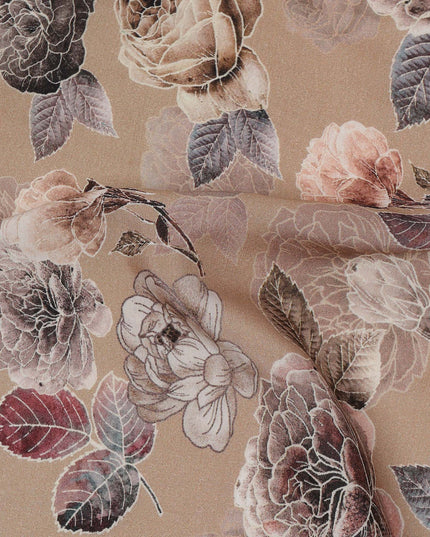 Brown Floral Printed Viscose Crepe Fabric with Mauve and Rose Bloom Design, 110 cms Width, Made in India-D26286