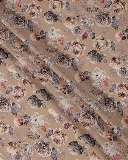Brown Floral Printed Viscose Crepe Fabric with Mauve and Rose Bloom Design, 110 cms Width, Made in India-D26286