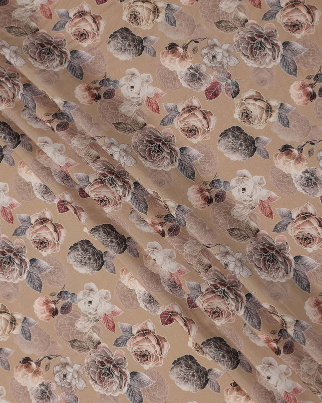 Brown Floral Printed Viscose Crepe Fabric with Mauve and Rose Bloom Design, 110 cms Width, Made in India-D26286