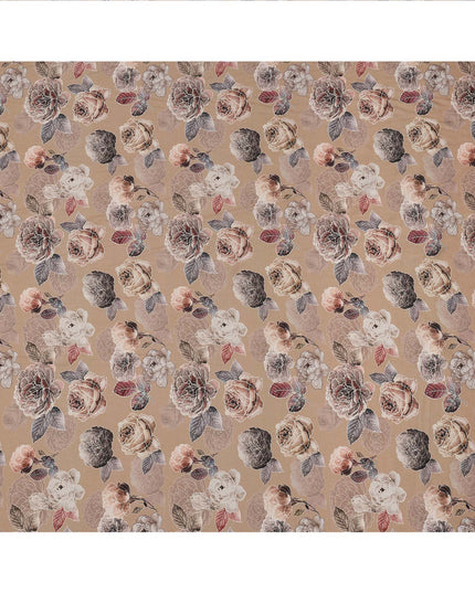 Brown Floral Printed Viscose Crepe Fabric with Mauve and Rose Bloom Design, 110 cms Width, Made in India-D26286