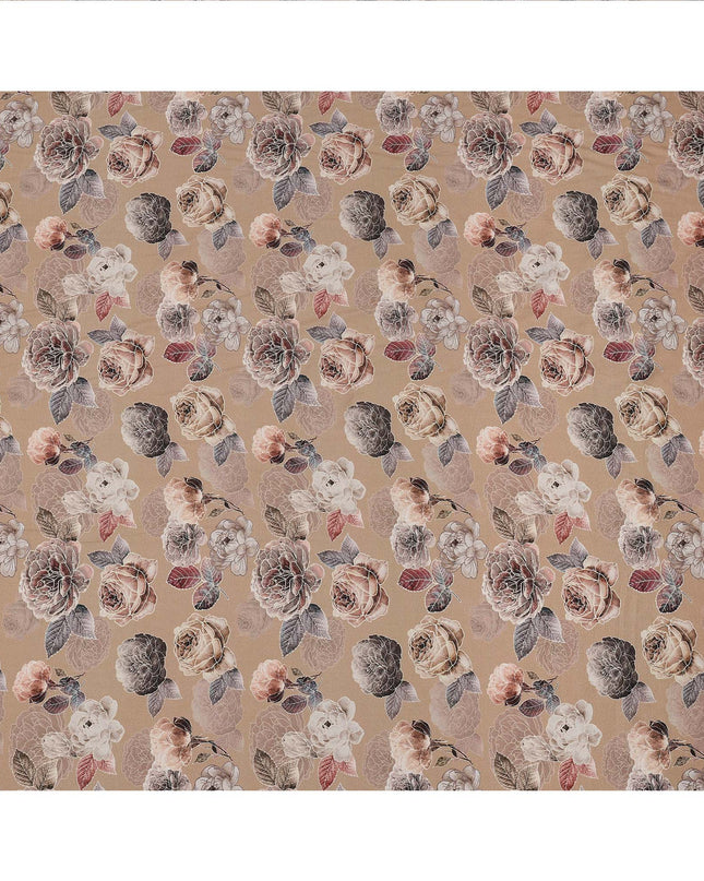 Brown Floral Printed Viscose Crepe Fabric with Mauve and Rose Bloom Design, 110 cms Width, Made in India-D26286
