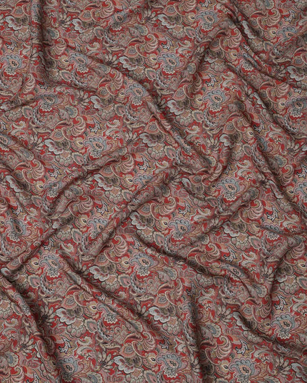 Brick Red Paisley Printed Viscose Crepe Fabric with Intricate Mughal Floral Design, 110 cms Width, Made in India-D26296