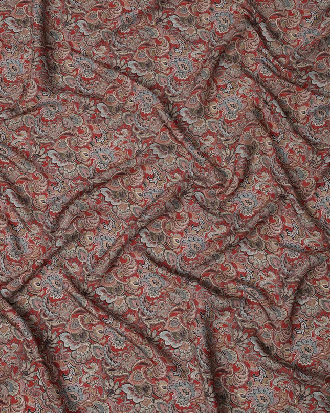Brick Red Paisley Printed Viscose Crepe Fabric with Intricate Mughal Floral Design, 110 cms Width, Made in India-D26296