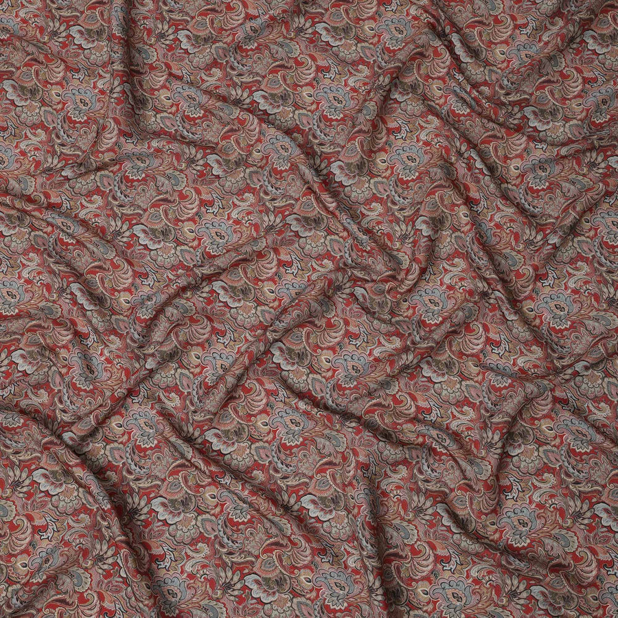 Brick Red Paisley Printed Viscose Crepe Fabric with Intricate Mughal Floral Design, 110 cms Width, Made in India-D26296