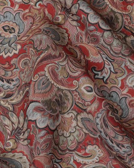 Brick Red Paisley Printed Viscose Crepe Fabric with Intricate Mughal Floral Design, 110 cms Width, Made in India-D26296