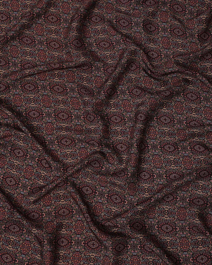 Maroon Geometric Printed Viscose Crepe Fabric with Ethnic Floral Tile Design, 110 cms Width, Made in India-D26297