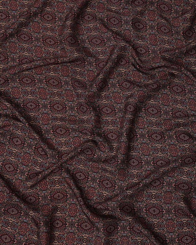 Maroon Geometric Printed Viscose Crepe Fabric with Ethnic Floral Tile Design, 110 cms Width, Made in India-D26297