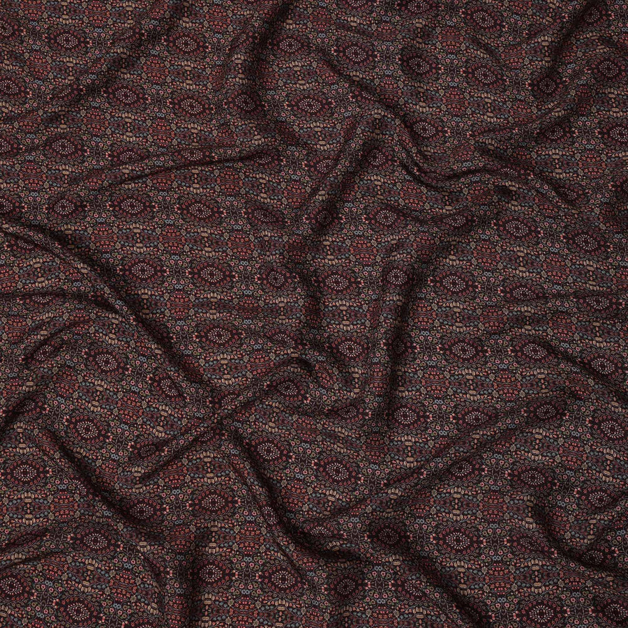 Maroon Geometric Printed Viscose Crepe Fabric with Ethnic Floral Tile Design, 110 cms Width, Made in India-D26297