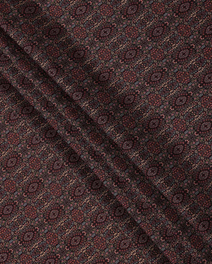 Maroon Geometric Printed Viscose Crepe Fabric with Ethnic Floral Tile Design, 110 cms Width, Made in India-D26297