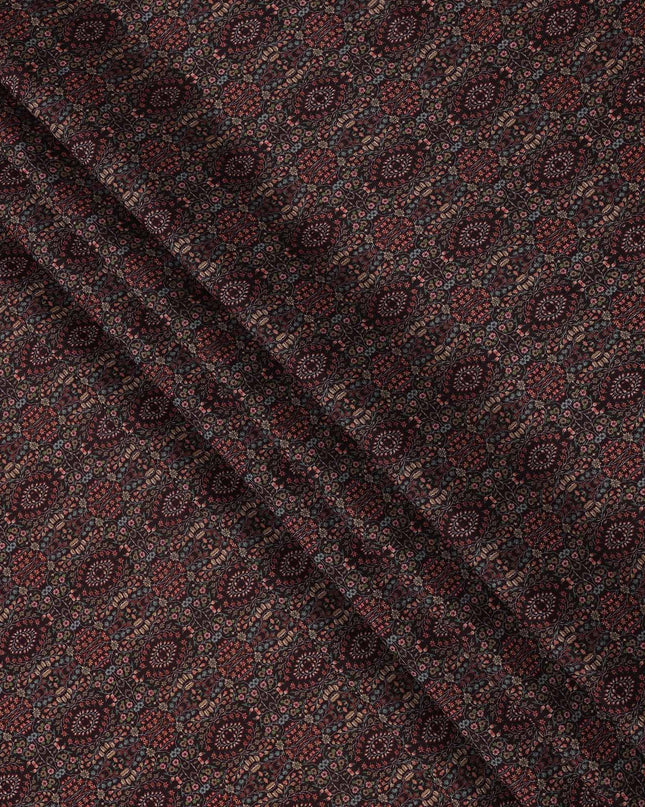 Maroon Geometric Printed Viscose Crepe Fabric with Ethnic Floral Tile Design, 110 cms Width, Made in India-D26297