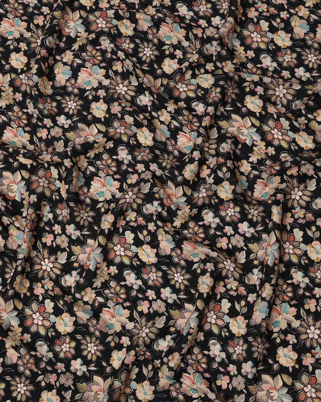 Black Floral Printed Viscose Crepe Fabric with Multicolor Vintage Bloom Design, 110 cms Width, Made in India-D26293