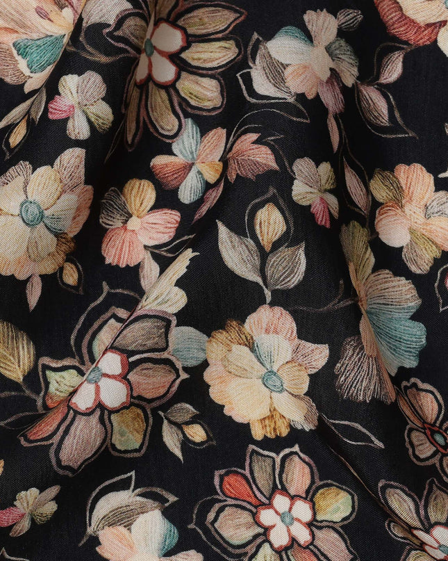 Black Floral Printed Viscose Crepe Fabric with Multicolor Vintage Bloom Design, 110 cms Width, Made in India-D26293