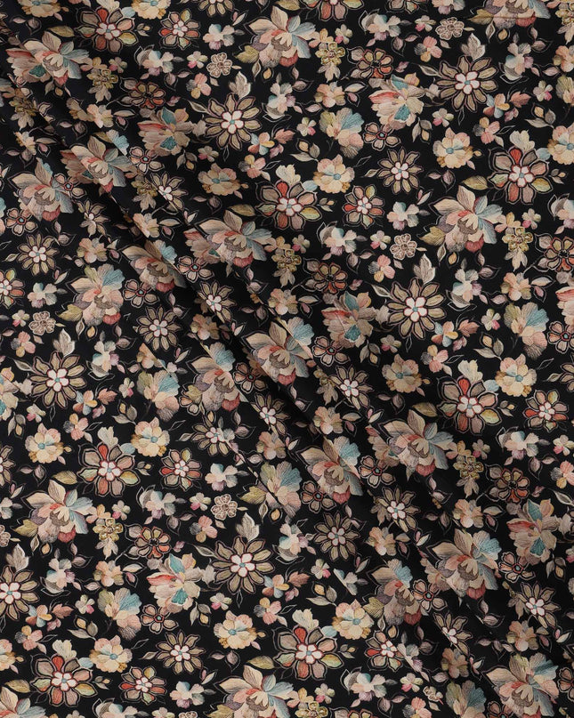 Black Floral Printed Viscose Crepe Fabric with Multicolor Vintage Bloom Design, 110 cms Width, Made in India-D26293