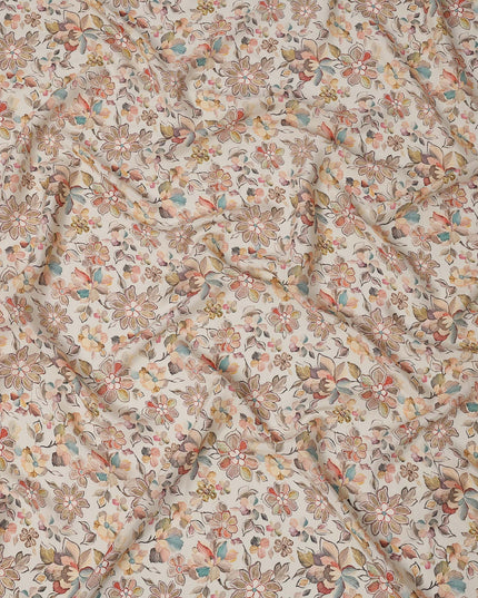 Cream Multicolor Floral Printed Viscose Crepe Fabric with Artistic Bloom and Leaf Design, 110 cms Width, Made in India-D26302