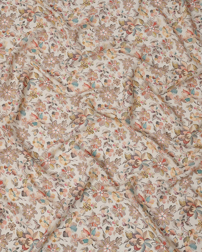 Cream Multicolor Floral Printed Viscose Crepe Fabric with Artistic Bloom and Leaf Design, 110 cms Width, Made in India-D26302