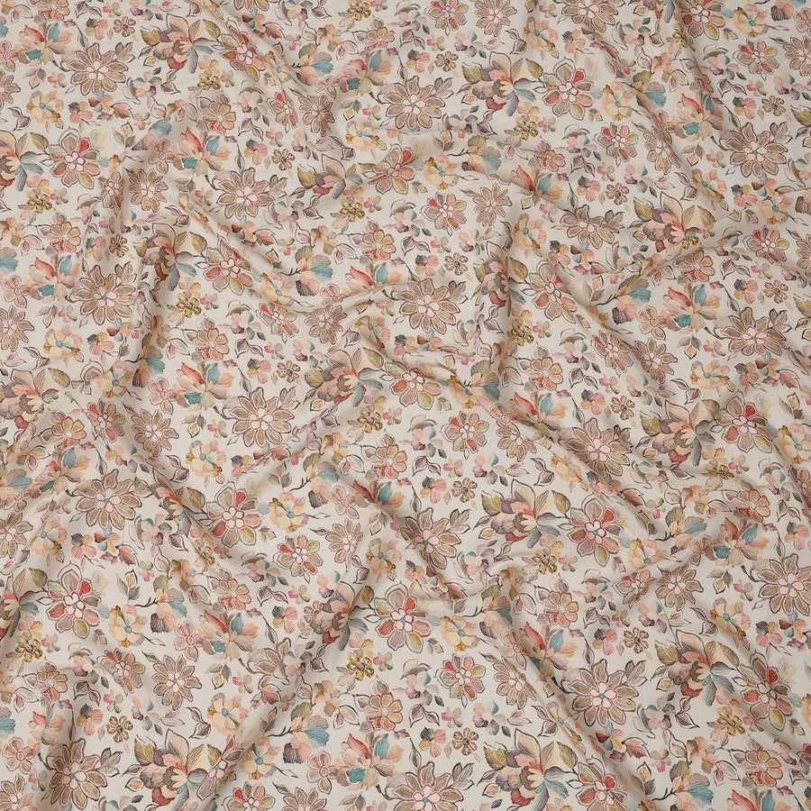 Cream Multicolor Floral Printed Viscose Crepe Fabric with Artistic Bloom and Leaf Design, 110 cms Width, Made in India-D26302