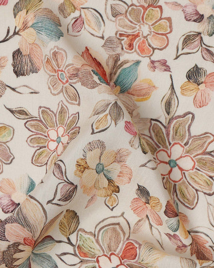 Cream Multicolor Floral Printed Viscose Crepe Fabric with Artistic Bloom and Leaf Design, 110 cms Width, Made in India-D26302