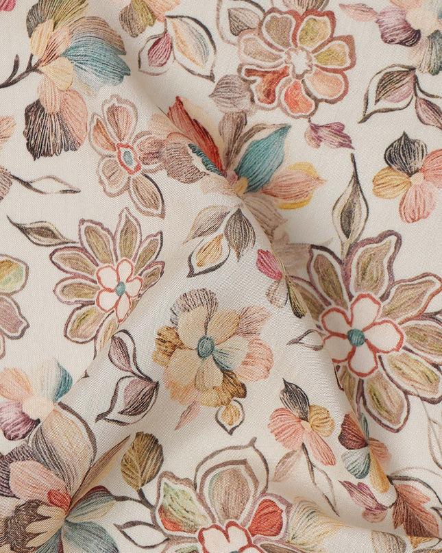 Cream Multicolor Floral Printed Viscose Crepe Fabric with Artistic Bloom and Leaf Design, 110 cms Width, Made in India-D26302