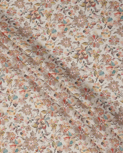 Cream Multicolor Floral Printed Viscose Crepe Fabric with Artistic Bloom and Leaf Design, 110 cms Width, Made in India-D26302