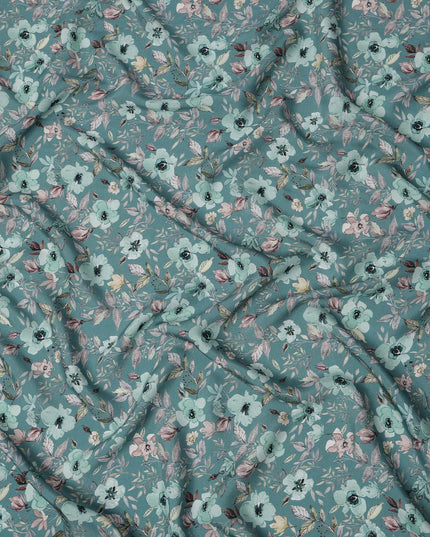 Teal Blue Floral Printed Viscose Crepe Fabric with Pastel Pink and Beige Leafy Design, 110 cms Width, Made in India-D26280
