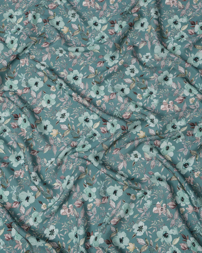 Teal Blue Floral Printed Viscose Crepe Fabric with Pastel Pink and Beige Leafy Design, 110 cms Width, Made in India-D26280