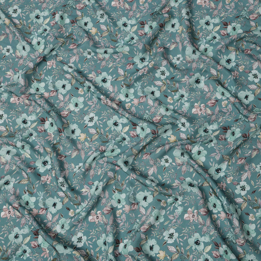 Teal Blue Floral Printed Viscose Crepe Fabric with Pastel Pink and Beige Leafy Design, 110 cms Width, Made in India-D26280