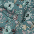 Teal Blue Floral Printed Viscose Crepe Fabric with Pastel Pink and Beige Leafy Design, 110 cms Width, Made in India-D26280