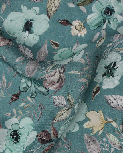 Teal Blue Floral Printed Viscose Crepe Fabric with Pastel Pink and Beige Leafy Design, 110 cms Width, Made in India-D26280