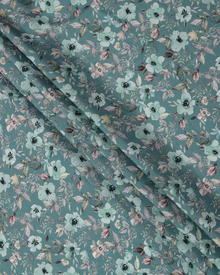 Teal Blue Floral Printed Viscose Crepe Fabric with Pastel Pink and Beige Leafy Design, 110 cms Width, Made in India-D26280