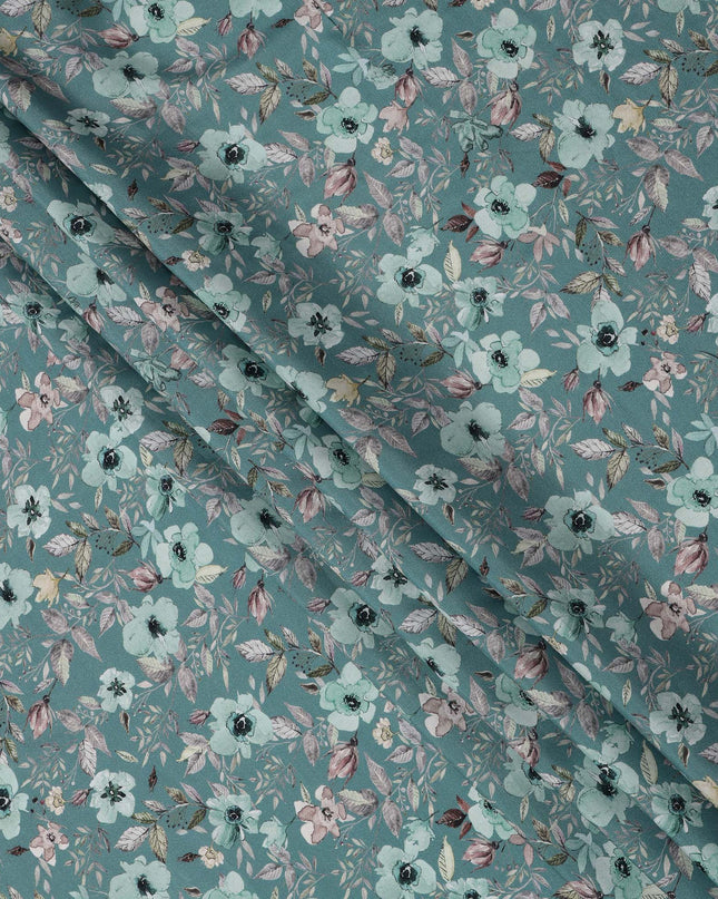 Teal Blue Floral Printed Viscose Crepe Fabric with Pastel Pink and Beige Leafy Design, 110 cms Width, Made in India-D26280