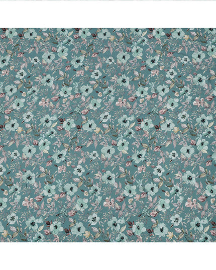 Teal Blue Floral Printed Viscose Crepe Fabric with Pastel Pink and Beige Leafy Design, 110 cms Width, Made in India-D26280