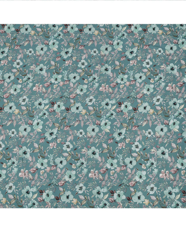 Teal Blue Floral Printed Viscose Crepe Fabric with Pastel Pink and Beige Leafy Design, 110 cms Width, Made in India-D26280