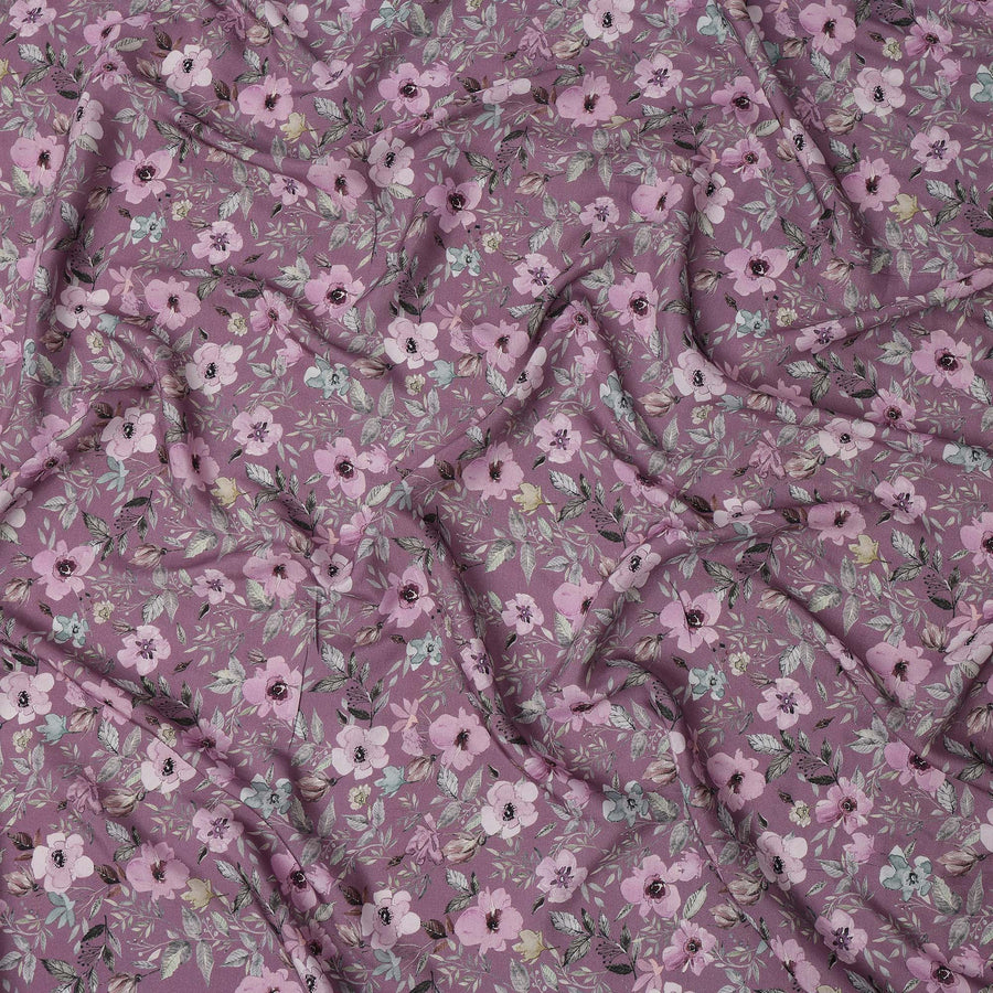 Mauve Floral Printed Viscose Crepe Fabric with Pink and Green Leafy Design, 110 cms Width, Made in India-D26304