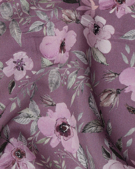 Mauve Floral Printed Viscose Crepe Fabric with Pink and Green Leafy Design, 110 cms Width, Made in India-D26304