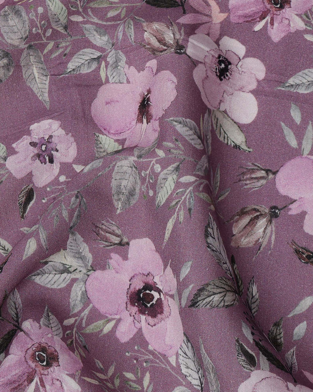 Mauve Floral Printed Viscose Crepe Fabric with Pink and Green Leafy Design, 110 cms Width, Made in India-D26304