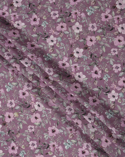 Mauve Floral Printed Viscose Crepe Fabric with Pink and Green Leafy Design, 110 cms Width, Made in India-D26304