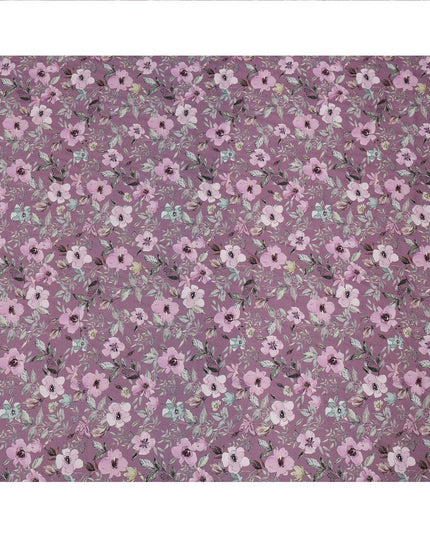 Mauve Floral Printed Viscose Crepe Fabric with Pink and Green Leafy Design, 110 cms Width, Made in India-D26304