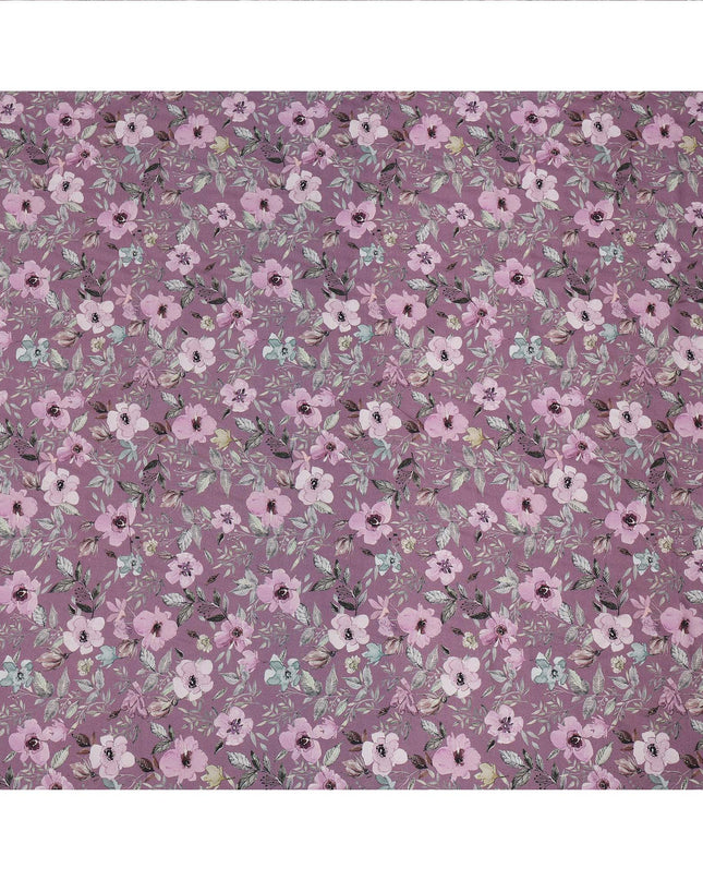 Mauve Floral Printed Viscose Crepe Fabric with Pink and Green Leafy Design, 110 cms Width, Made in India-D26304