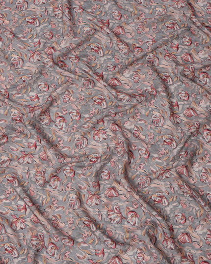 Grey Floral Printed Viscose Crepe Fabric with Red and Beige Artistic Bloom Design, 110 cms Width, Made in India-D26298