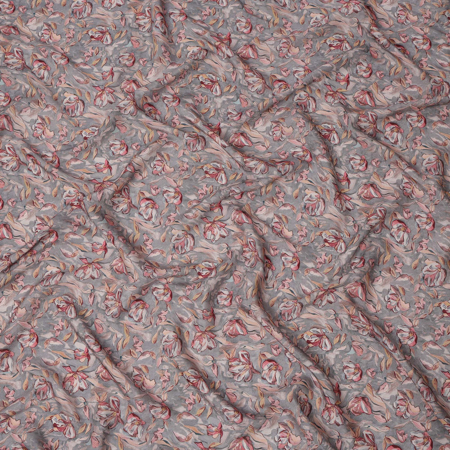 Grey Floral Printed Viscose Crepe Fabric with Red and Beige Artistic Bloom Design, 110 cms Width, Made in India-D26298