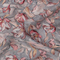 Grey Floral Printed Viscose Crepe Fabric with Red and Beige Artistic Bloom Design, 110 cms Width, Made in India-D26298