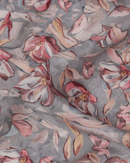 Grey Floral Printed Viscose Crepe Fabric with Red and Beige Artistic Bloom Design, 110 cms Width, Made in India-D26298