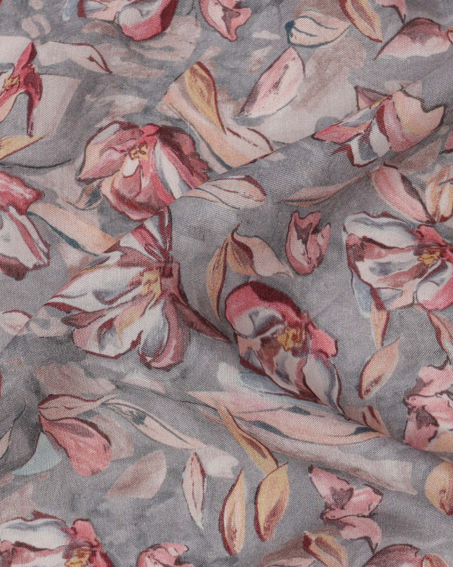 Grey Floral Printed Viscose Crepe Fabric with Red and Beige Artistic Bloom Design, 110 cms Width, Made in India-D26298