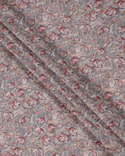 Grey Floral Printed Viscose Crepe Fabric with Red and Beige Artistic Bloom Design, 110 cms Width, Made in India-D26298