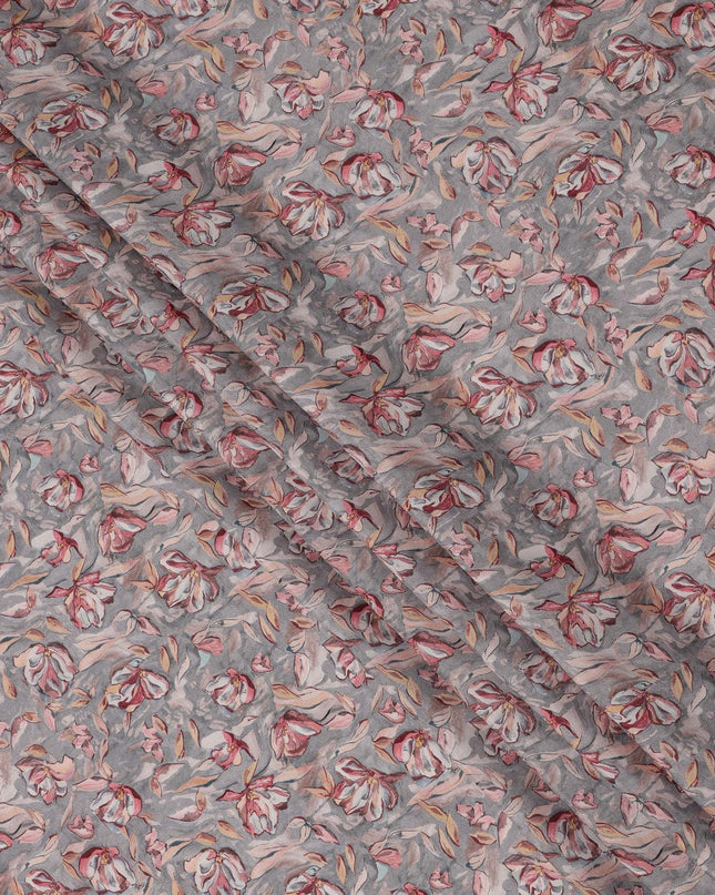 Grey Floral Printed Viscose Crepe Fabric with Red and Beige Artistic Bloom Design, 110 cms Width, Made in India-D26298