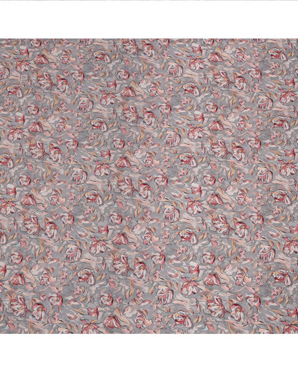 Grey Floral Printed Viscose Crepe Fabric with Red and Beige Artistic Bloom Design, 110 cms Width, Made in India-D26298
