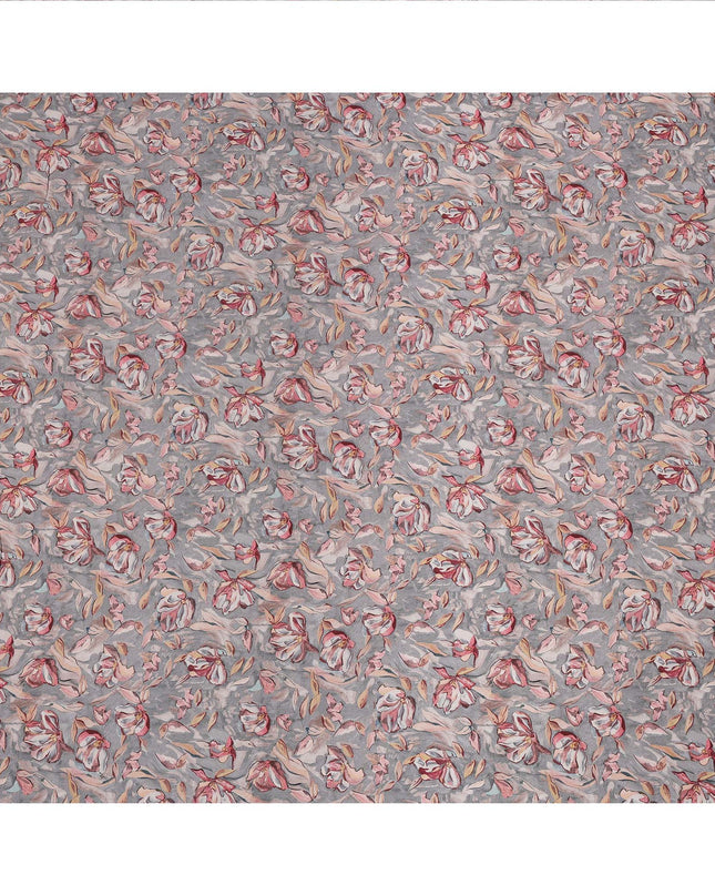 Grey Floral Printed Viscose Crepe Fabric with Red and Beige Artistic Bloom Design, 110 cms Width, Made in India-D26298
