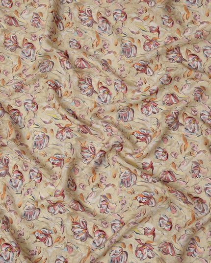 Beige Floral Printed Viscose Crepe Fabric with Red and Orange Abstract Bloom Design, 110 cms Width, Made in India-D26281