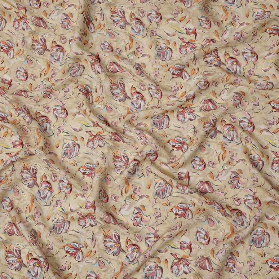 Beige Floral Printed Viscose Crepe Fabric with Red and Orange Abstract Bloom Design, 110 cms Width, Made in India-D26281